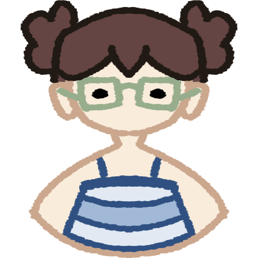 a drawing of a light-skinned person from the chest up. they have a blue striped shirt, green squared glasses and brown hair tied in two ponytails